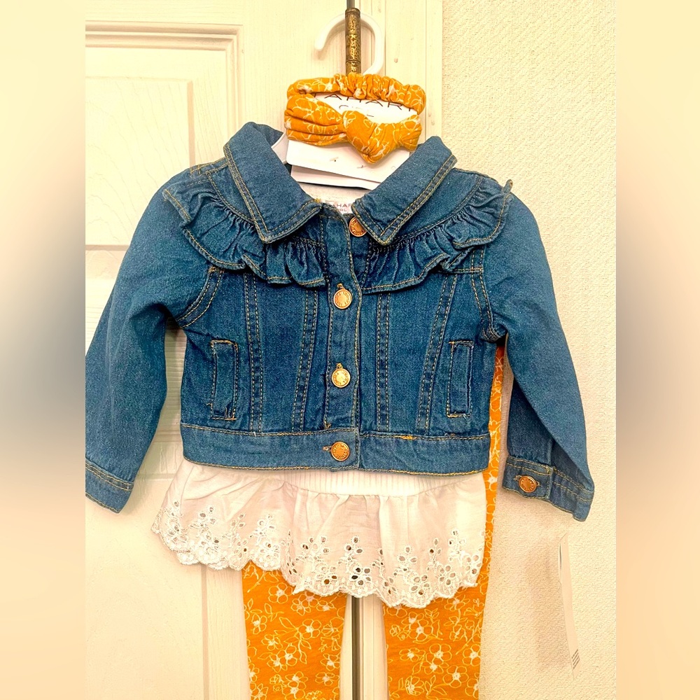 Tahari Girls 3pc Jacket Set denim jacket, short sleeve tee, print leggings